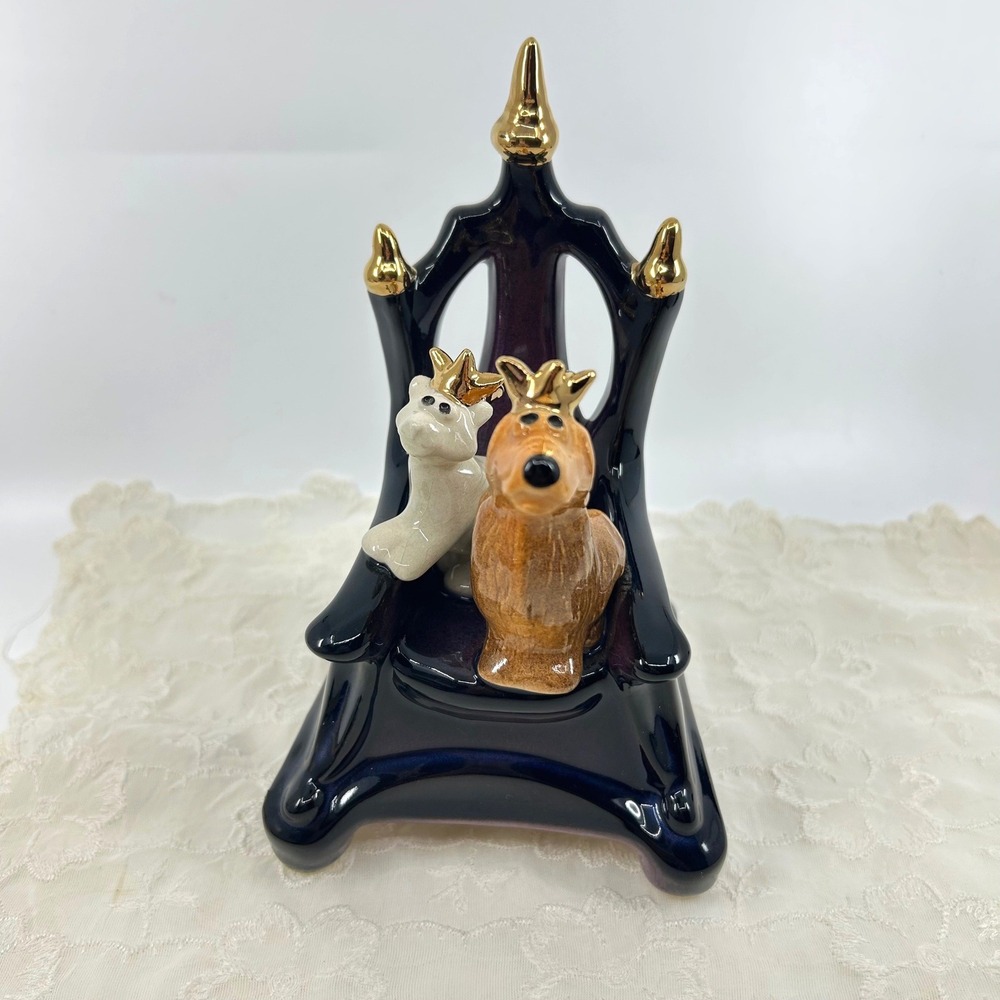 Vintage Dog Cat Throne Figurine Ceramic Turning Music Box John Curtis Cartoonist